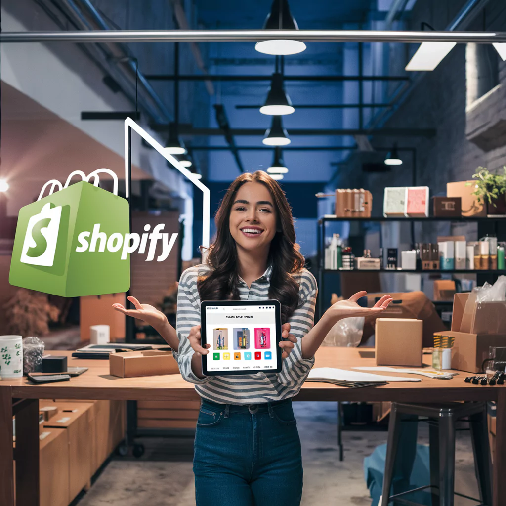 Eine frau die das shopify schild hochhält